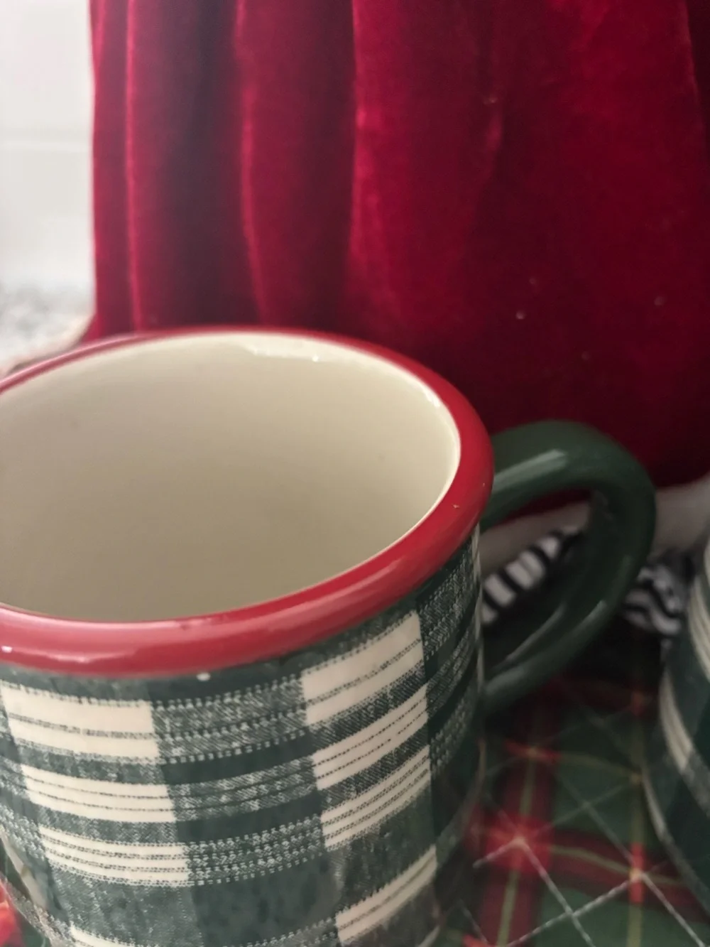 Green Plaid Coffee Mug Red Rim - NEW Final Sale